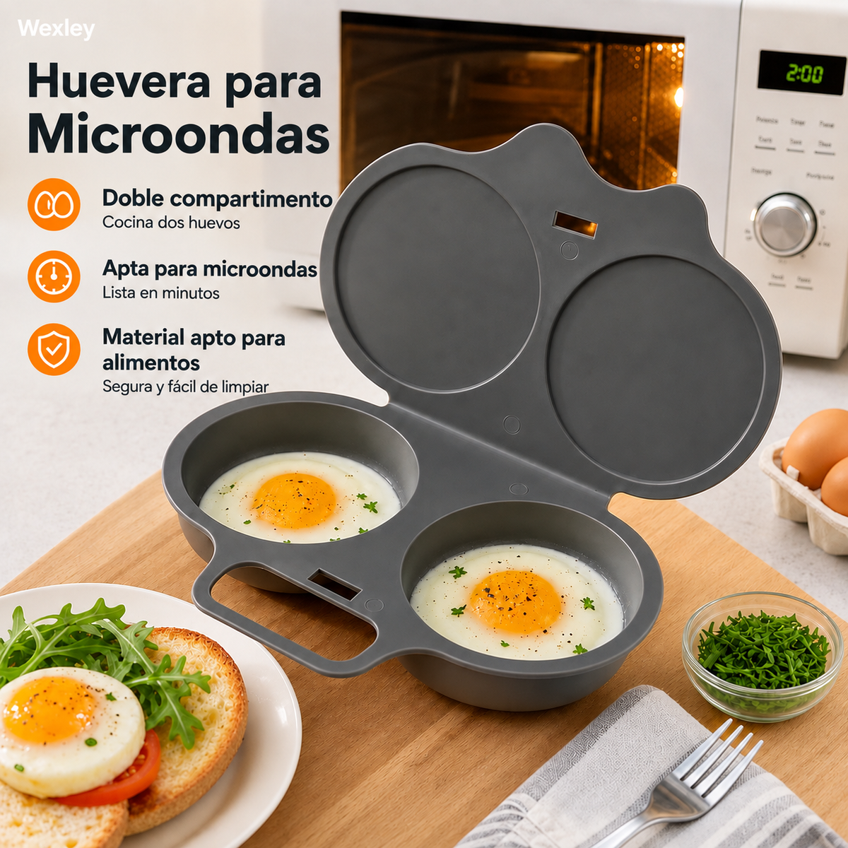 Huevera doble antiadherente para microondas, práctica y rápida